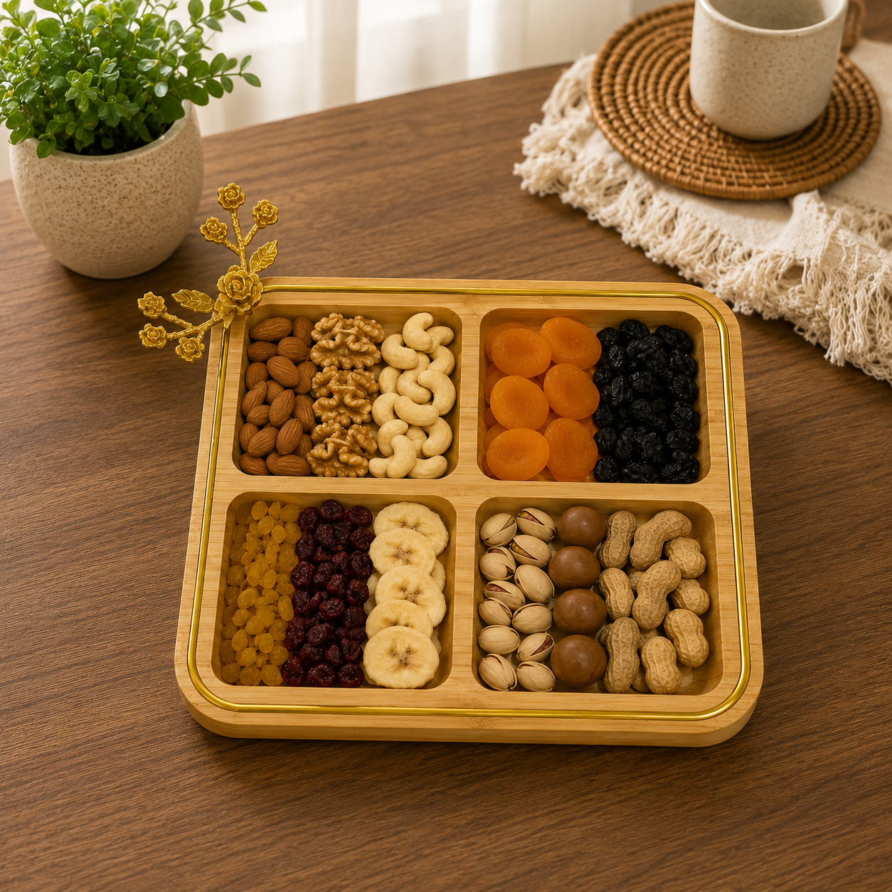 Square Bamboo Divided Tray with Golden Accent