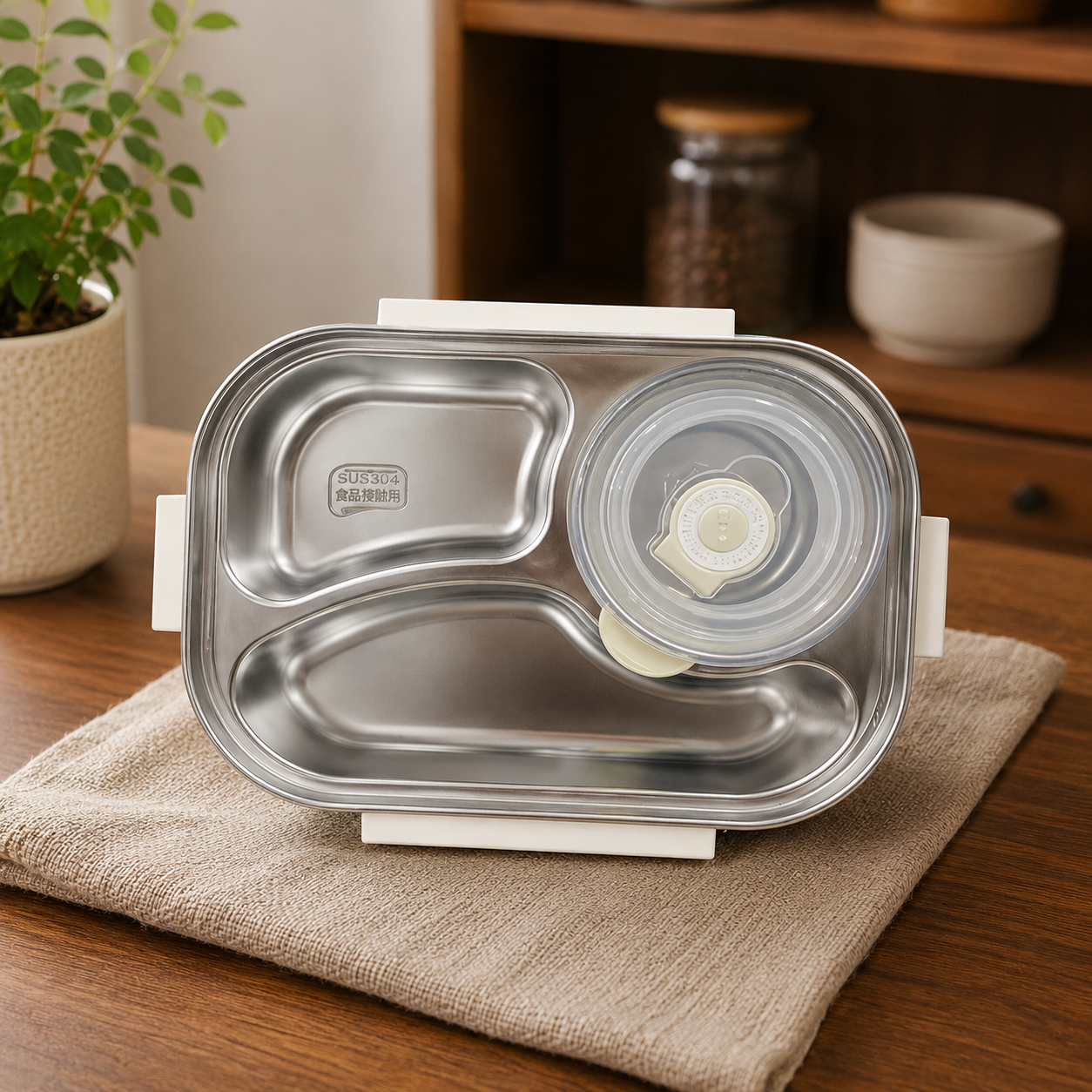 3-Compartment Bento Lunch Box with Bowl, Spoon & Fork