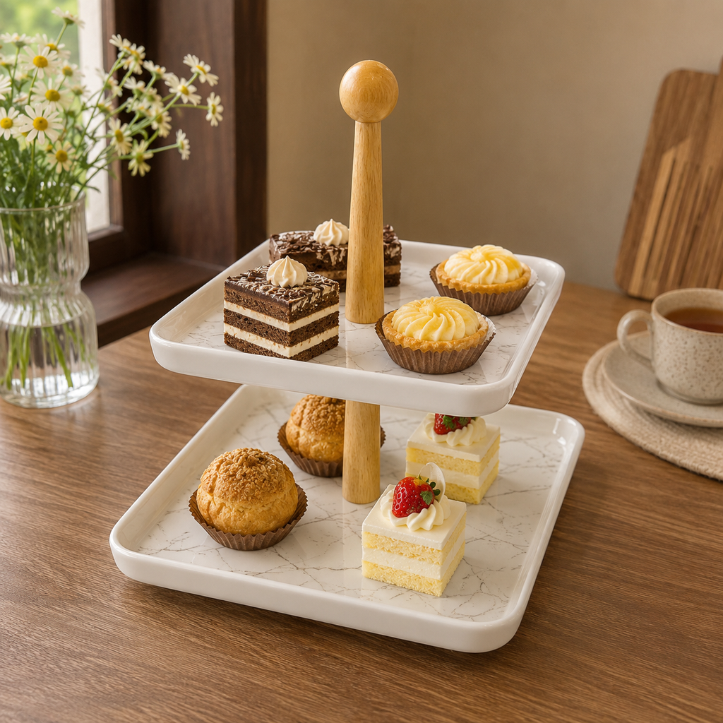 Two-Tier White Serving Tray with Wooden Stand