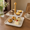 Two-Tier White Serving Tray with Wooden Stand