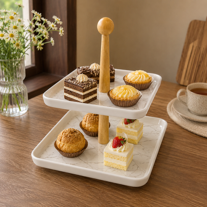 Two-Tier White Serving Tray with Wooden Stand