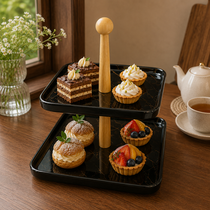 Two-Tier Black Serving Tray with Wooden Stand