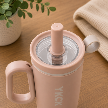 YKCK Vacuum Insulated Travel Tumbler with Handle & Straw – Beige | 40oz