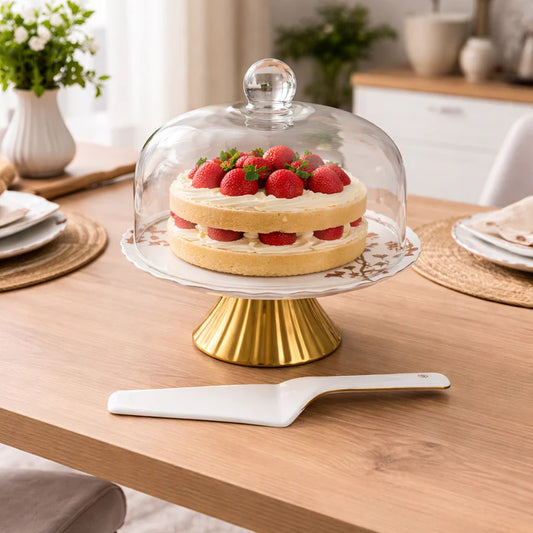 Angela 11.5" Ceramic Cake Stand with Glass Lid & Lifter