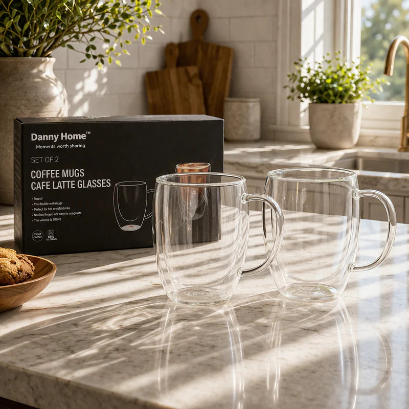 Danny Home Double Walled Glass Mug with Handle 300ml - 2Pcs Set