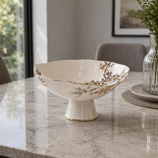 Angela Elegant Floral Gold-Rim Ceramic Fruit Bowl – 12 Inch