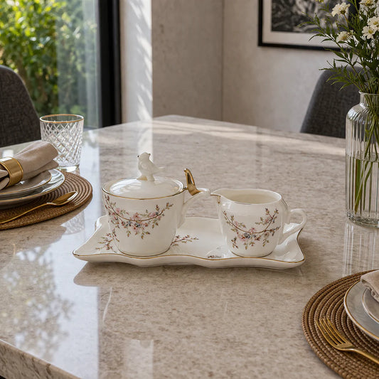 Angela Elegant Floral Gold Accent Ceramic Sugar Pot Set