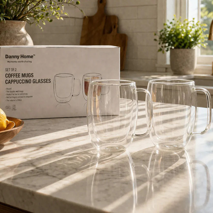 Danny Home Double Walled Glass Mug with Handle 200ml - 2Pcs Set