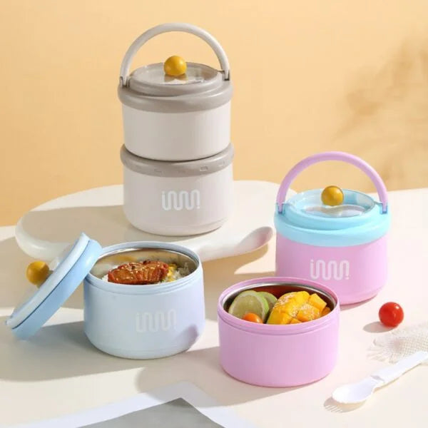 Stainless Steel 2Pcs Lunch Box with Foldable Spoon & Handle