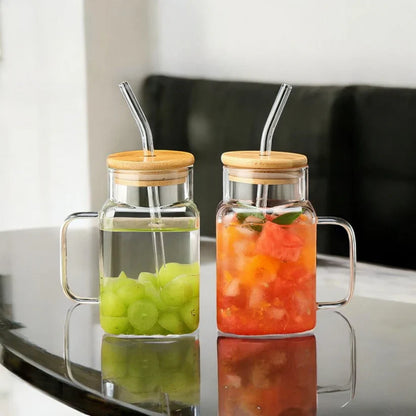 Square Glass Tumbler with Lid & Straw