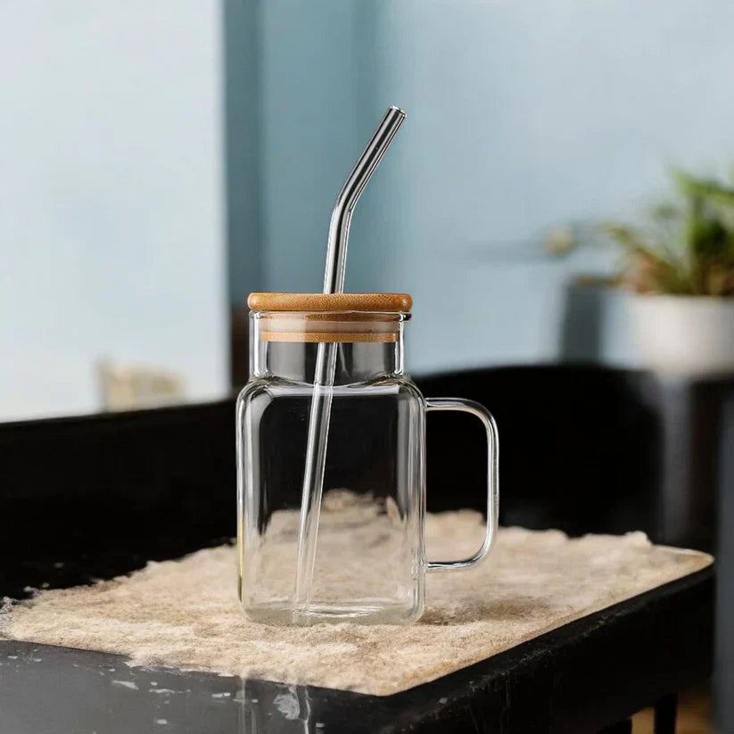 Square Glass Tumbler with Lid & Straw