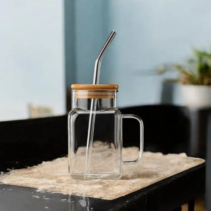 Square Glass Tumbler with Lid & Straw