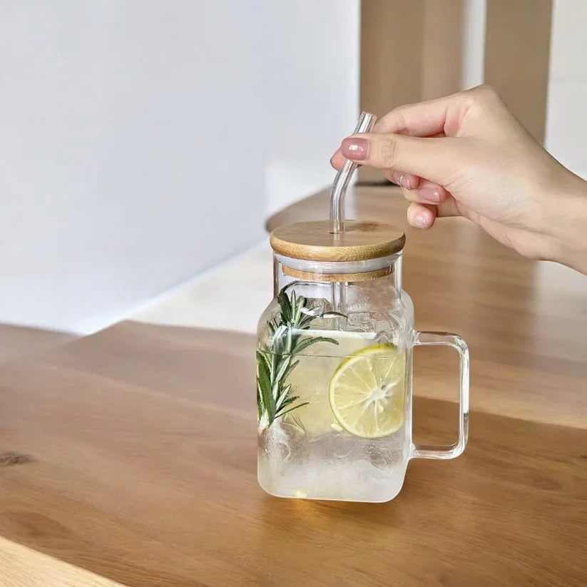 Square Glass Tumbler with Lid & Straw