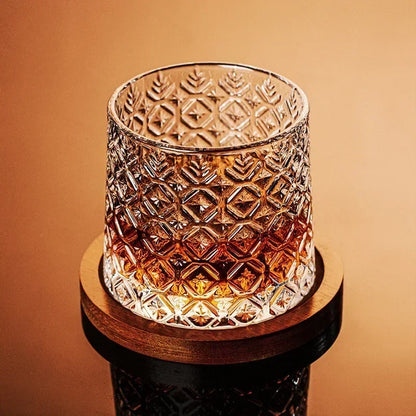 Spinning Whiskey Glass With Wood Coasters