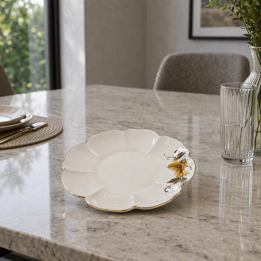 Angela Elegant Floral Gold Accent Ceramic Dinner Plate – 10.5 Inch