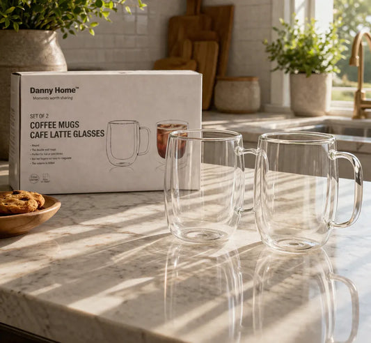 Danny Home Double Walled Glass Mug with Handle 300ml - 2Pcs Set