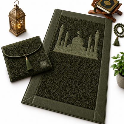 HomeIbadah Turkish Fleece Litchi Leather Prayer Mat - Army Green