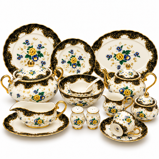 Royal Albert 75 Pcs Dinner Set – Premium Black & Gold Floral Bone China Collection