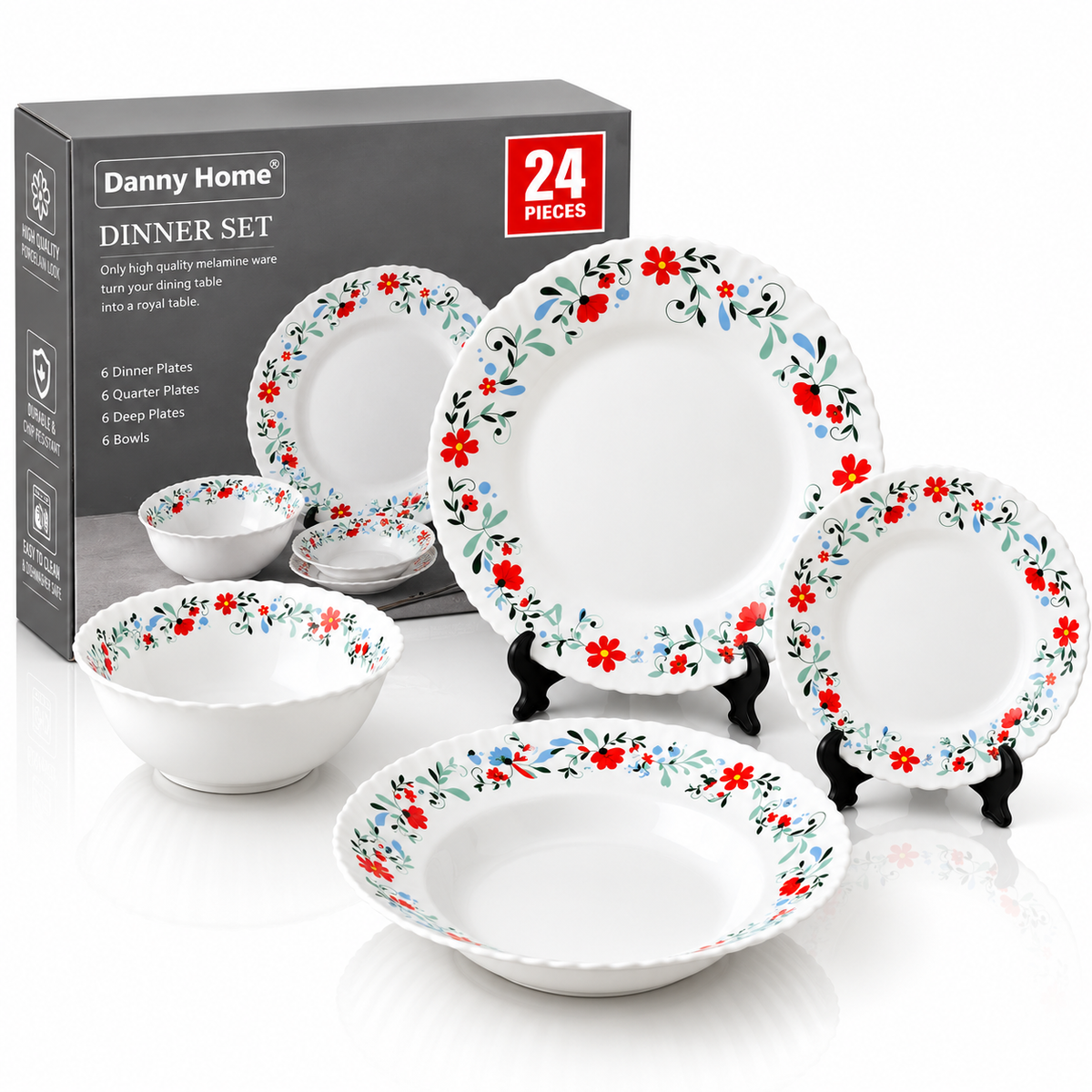 Danny Home 24 Pcs Scarlet Blossom Dinner Set