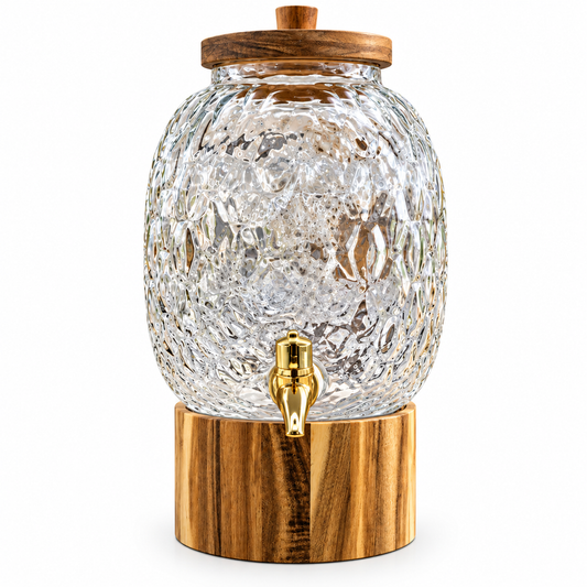 Premium Textured Glass Beverage Dispenser with Wooden Stand