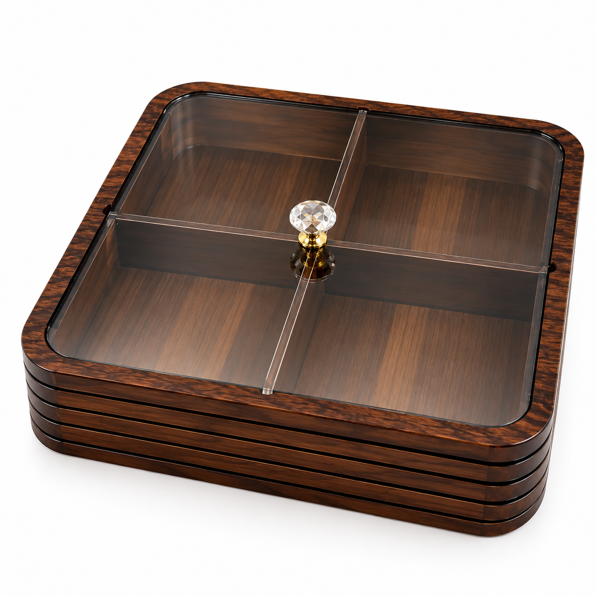 Premium Bamboo Dry Fruit Box with Plastic Lid – 4 Compartments | Dark Walnut