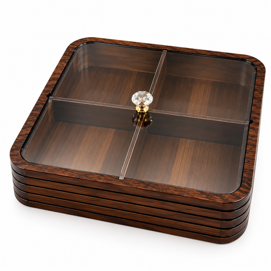 Premium Bamboo Dry Fruit Box with Plastic Lid – 4 Compartments | Dark Walnut