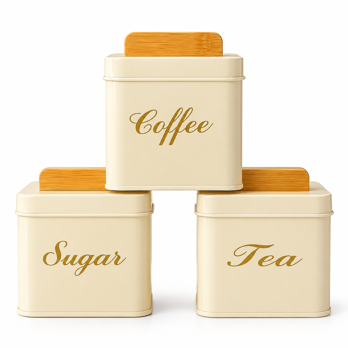 3-Piece Square Metal Sugar Canister Set with Bamboo Lids - White