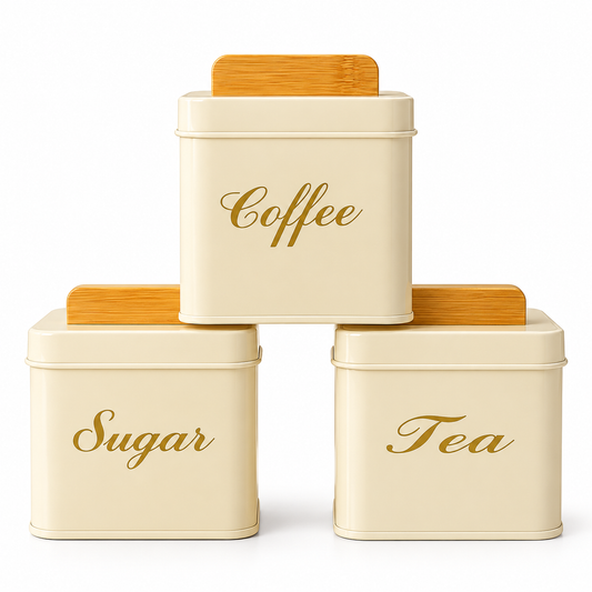 3-Piece Square Metal Sugar Canister Set with Bamboo Lids - White