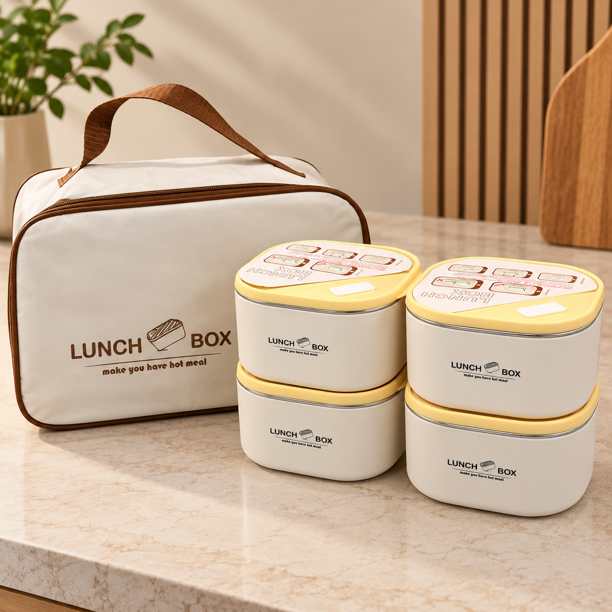 Premium 4 Pcs Lunch Box Set with Insulated Carry Bag – Cream & Yellow