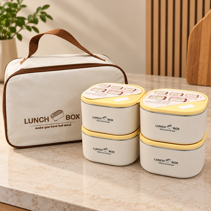 Premium 4 Pcs Lunch Box Set with Insulated Carry Bag – Cream & Yellow