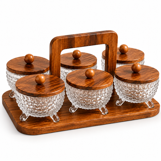 Walnut Dry Fruit Serving Set with Wooden Stand – 6 Pieces