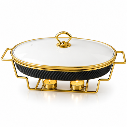 Brilliant 16-Inch Oval Ceramic Chafing Dish with Gold Metal Candle Stand