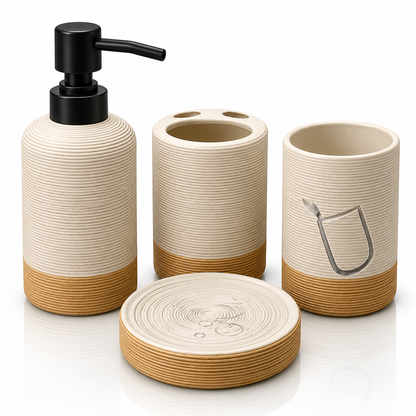 4-Piece Ribbed Ceramic Bathroom Accessories Set – Ivory & Sand Beige