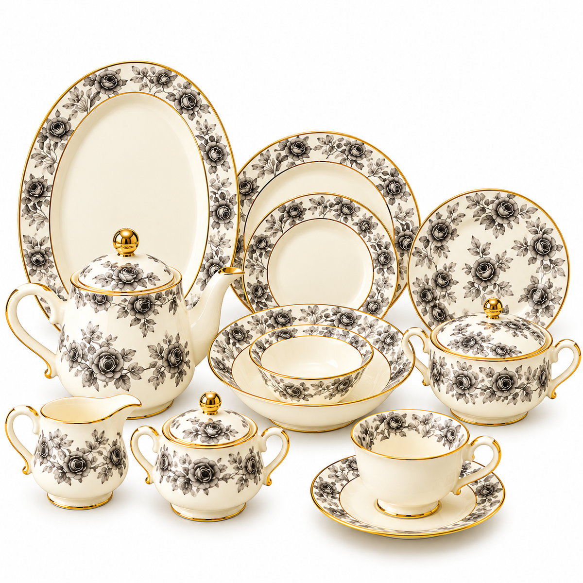 Platinum Rose Elegance Porcelain Dinner Set – 61 Pieces