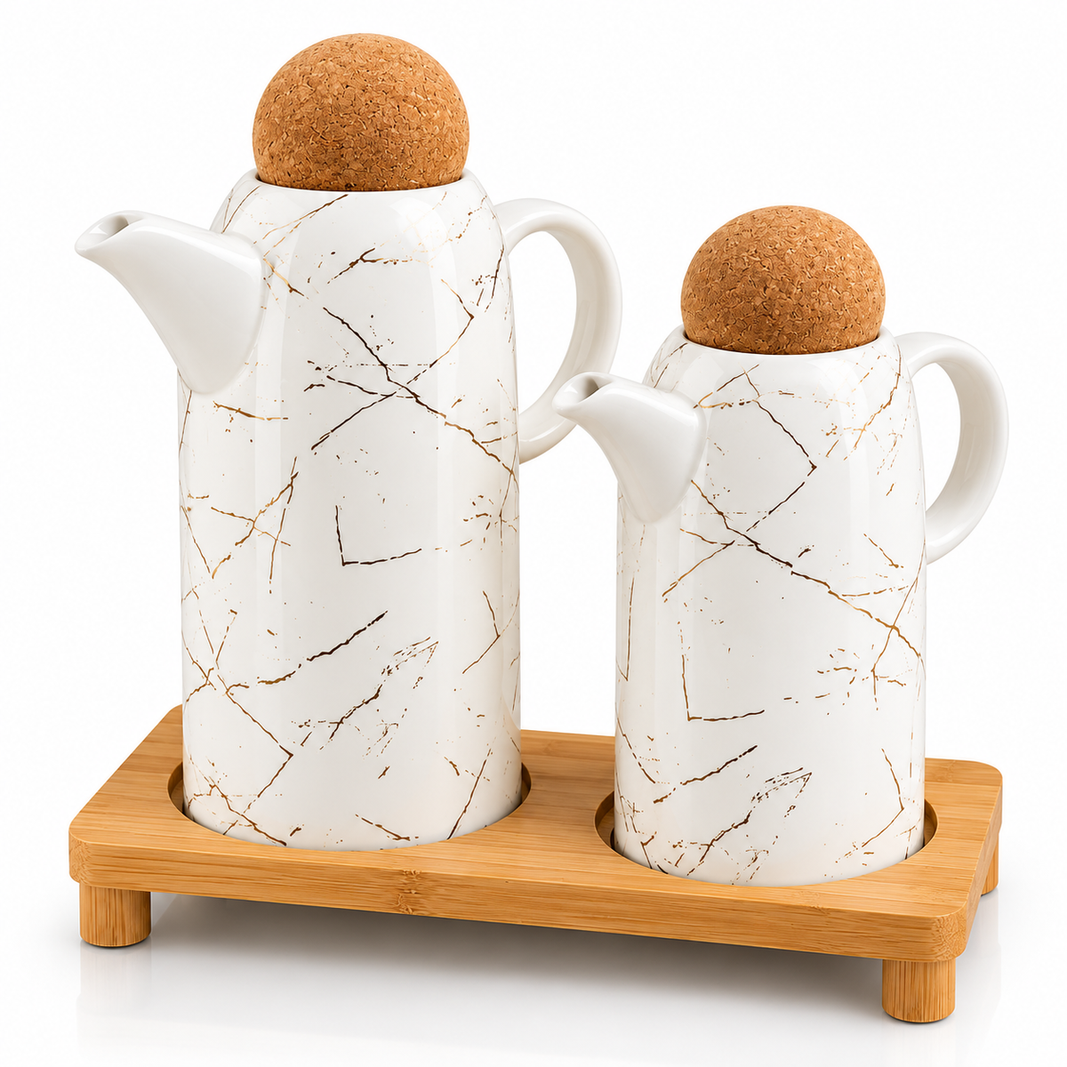 Ceramic 2-Piece Oil & Vinegar Jug Set with Bamboo Stand