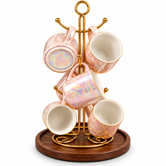 Elegant 6-Mug Ceramic Set with Display Stand