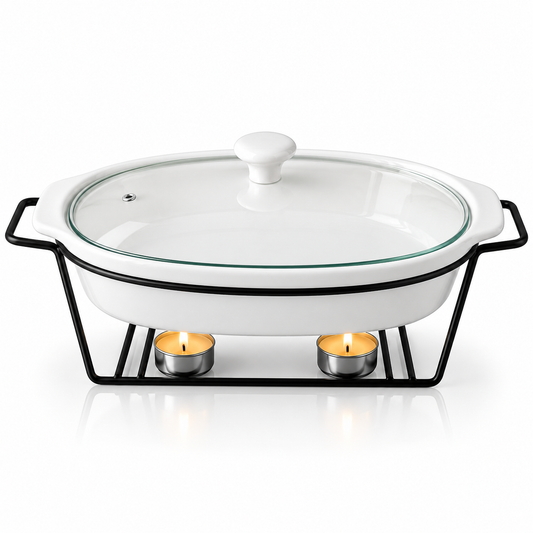 Brilliant 15-Inch Oval Ceramic Chafing Dish with Metal Candle Stand