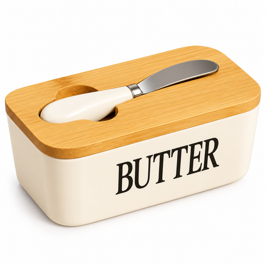 Ceramic Butter Dish with Bamboo Lid and Knife