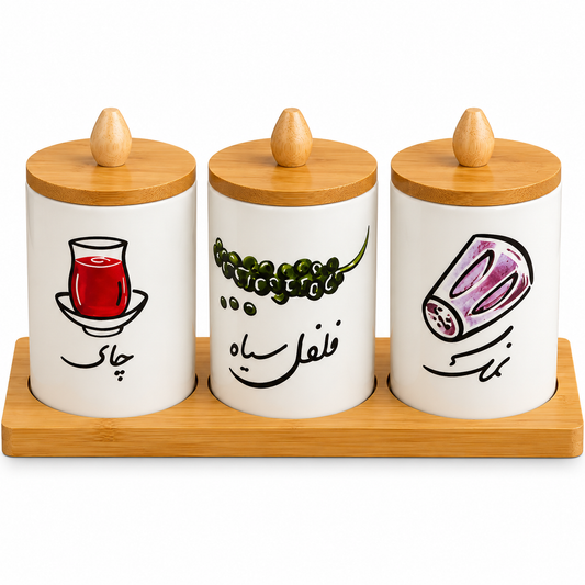3 Pcs Airtight Ceramic Kitchen Jar Set with Bamboo Stand