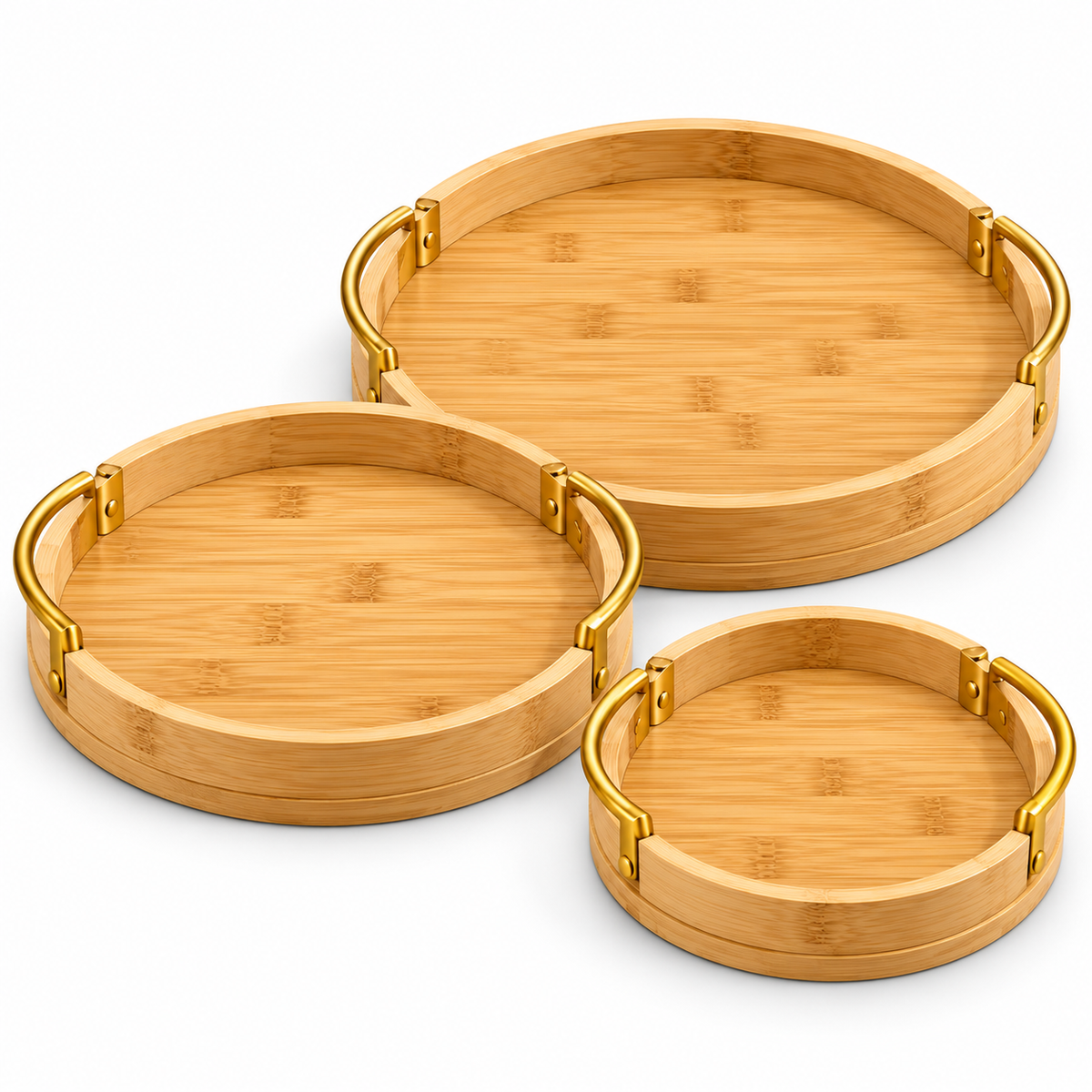 Luxe Bamboo Serving Tray Set with Gold Handles – 3 Pcs | Round