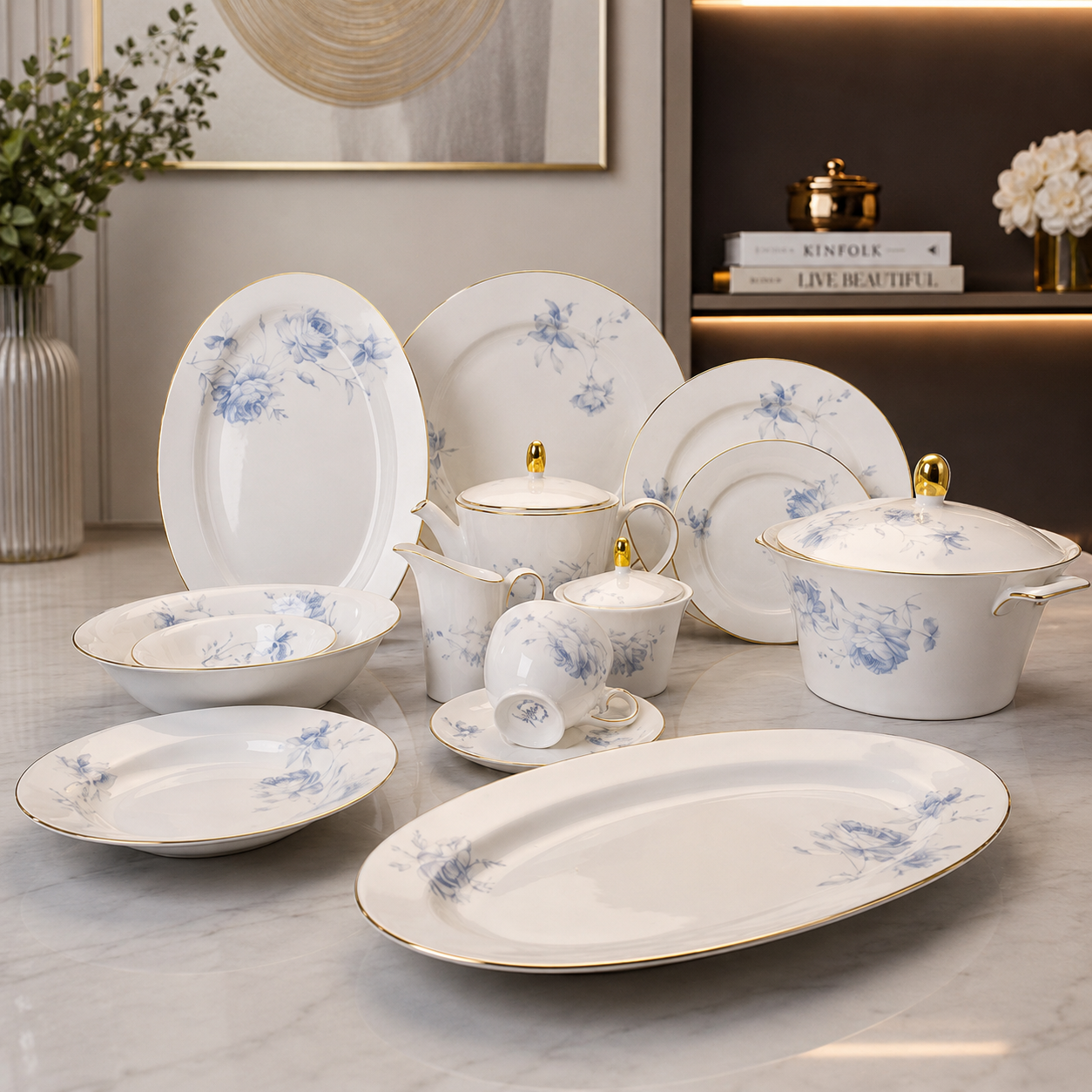 Royal Azure Bloom Porcelain Dinner Set – 61 Pieces