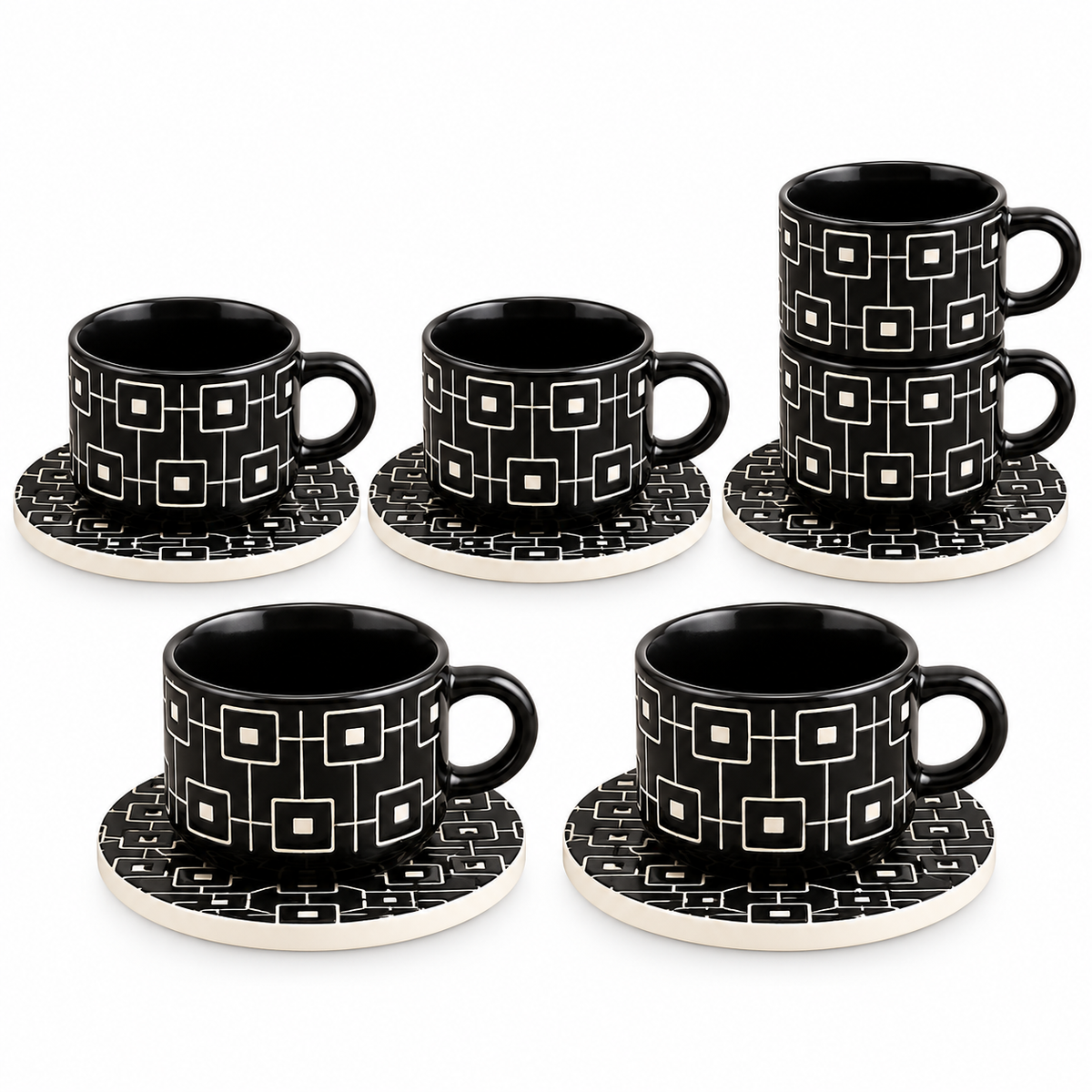 Danny Home Geometric Ceramic Cup & Saucer Set – 6 Pcs | Matte Black