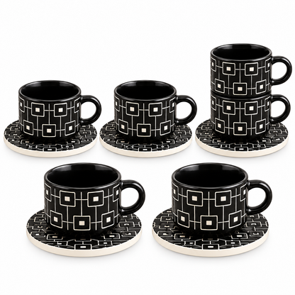 Danny Home Geometric Ceramic Cup & Saucer Set – 6 Pcs | Matte Black
