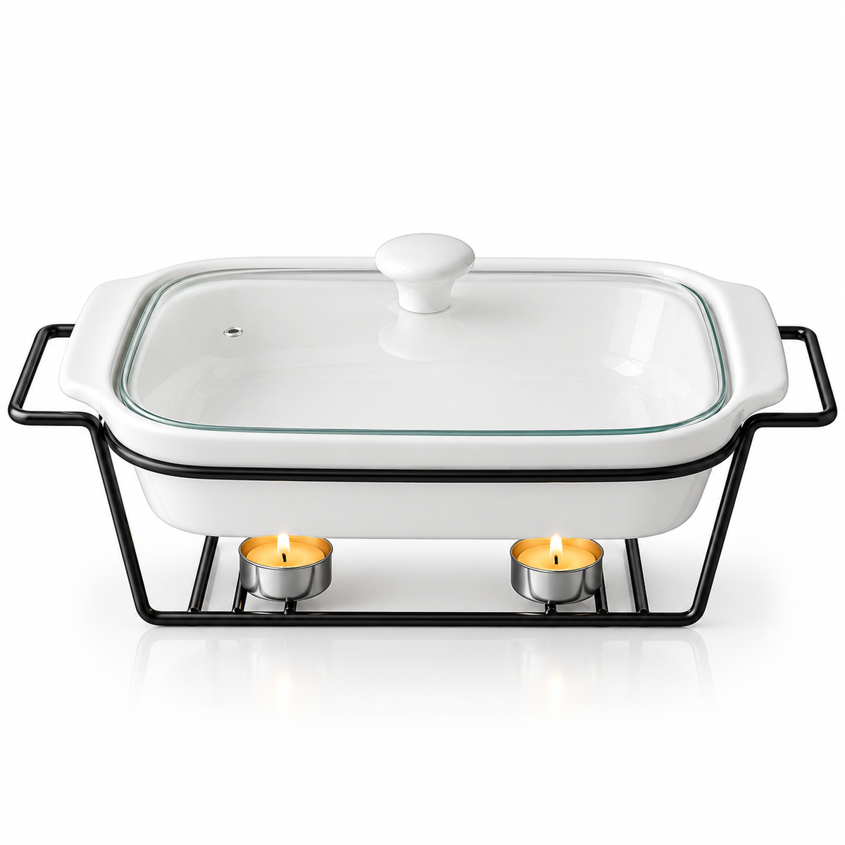 Brilliant 14-Inch Oval Ceramic Chafing Dish with Metal Candle Stand