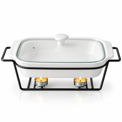 Brilliant 14-Inch Oval Ceramic Chafing Dish with Metal Candle Stand