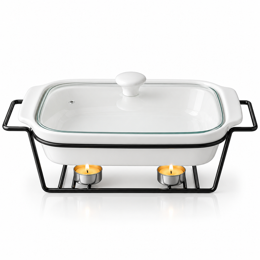 Brilliant 14-Inch Oval Ceramic Chafing Dish with Metal Candle Stand