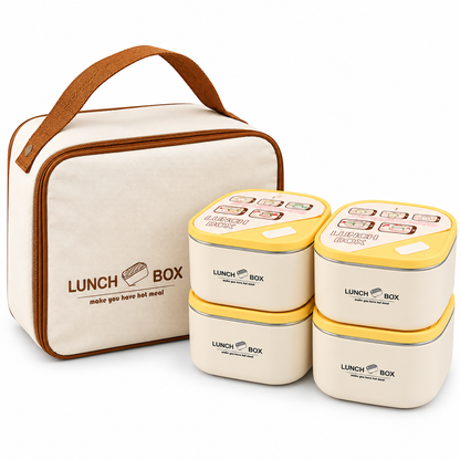 Premium 4 Pcs Lunch Box Set with Insulated Carry Bag – Cream & Yellow