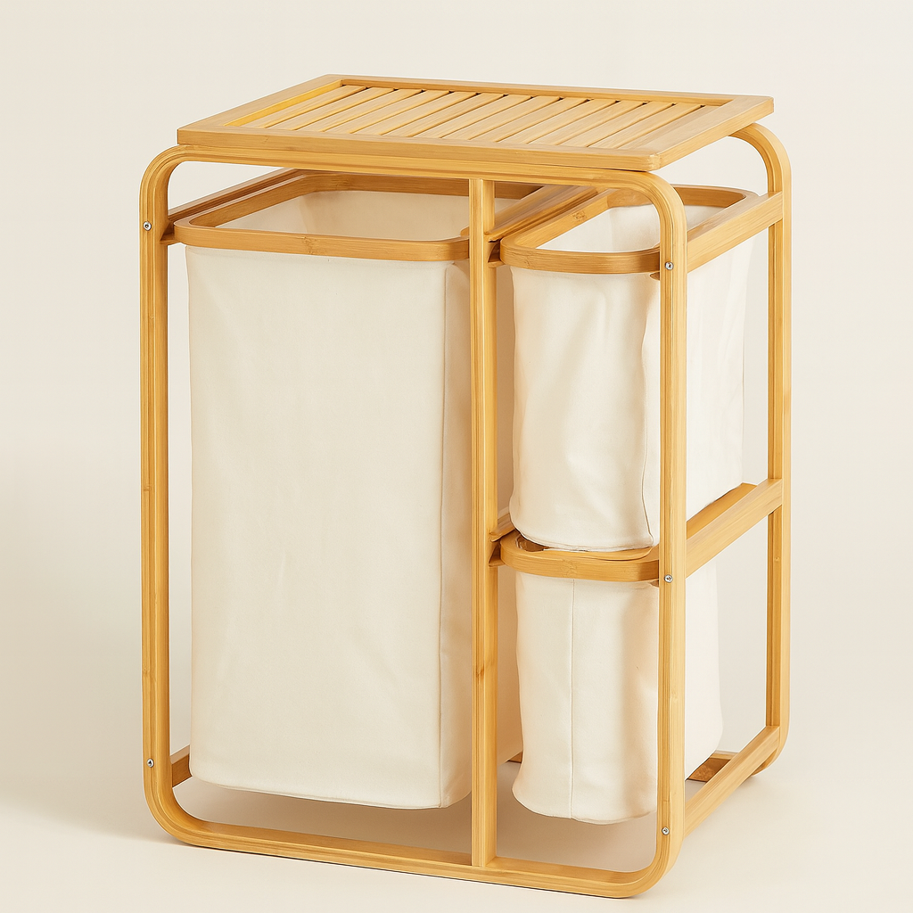 3 Grid Bamboo Laundry Basket - White