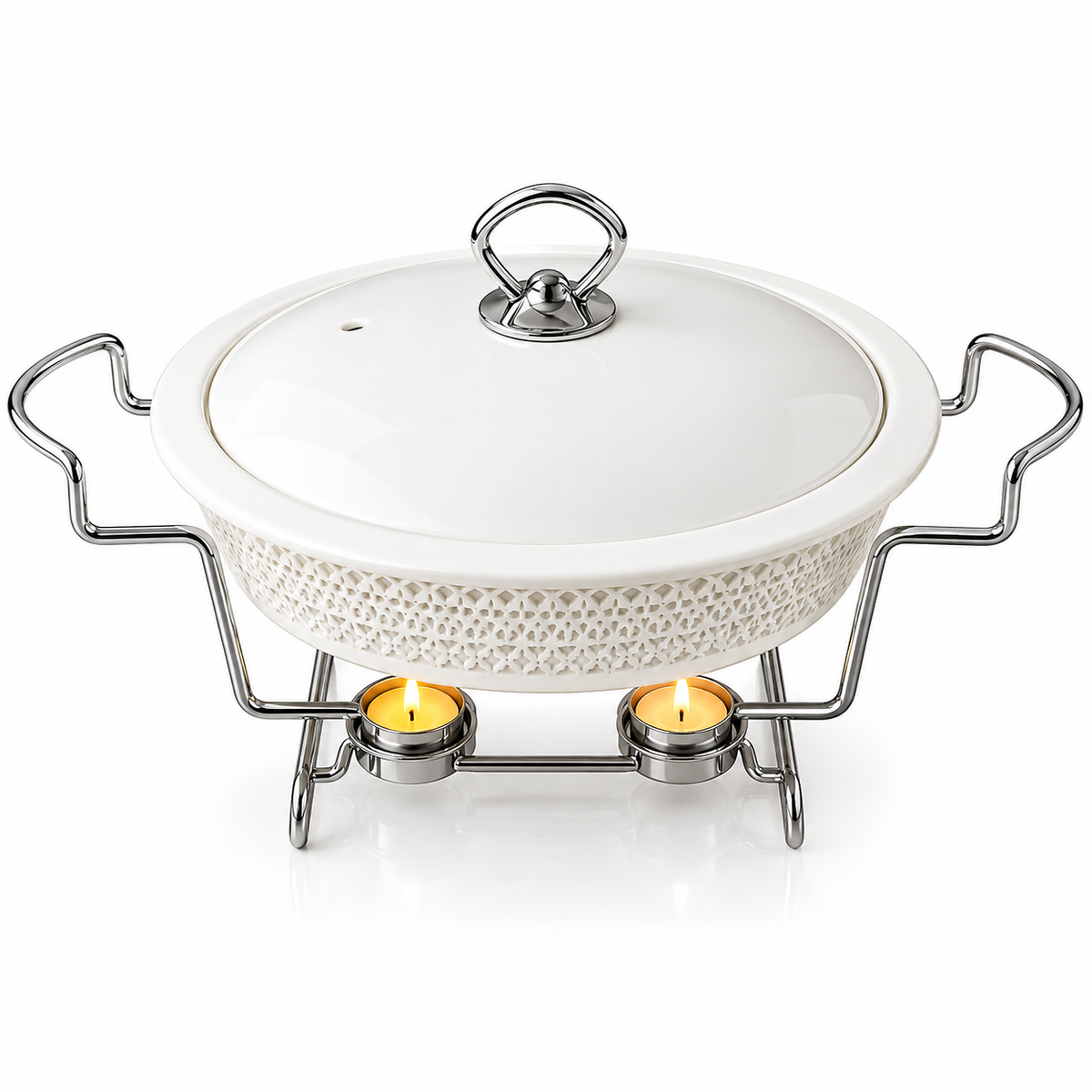 Brilliant 16-Inch Round Ceramic Chafing Dish with Metal Candle Stand
