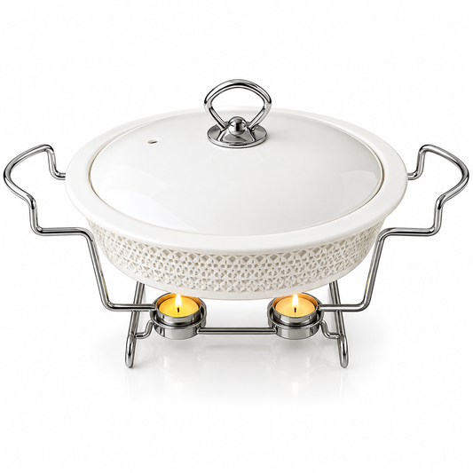 Brilliant 16-Inch Round Ceramic Chafing Dish with Metal Candle Stand